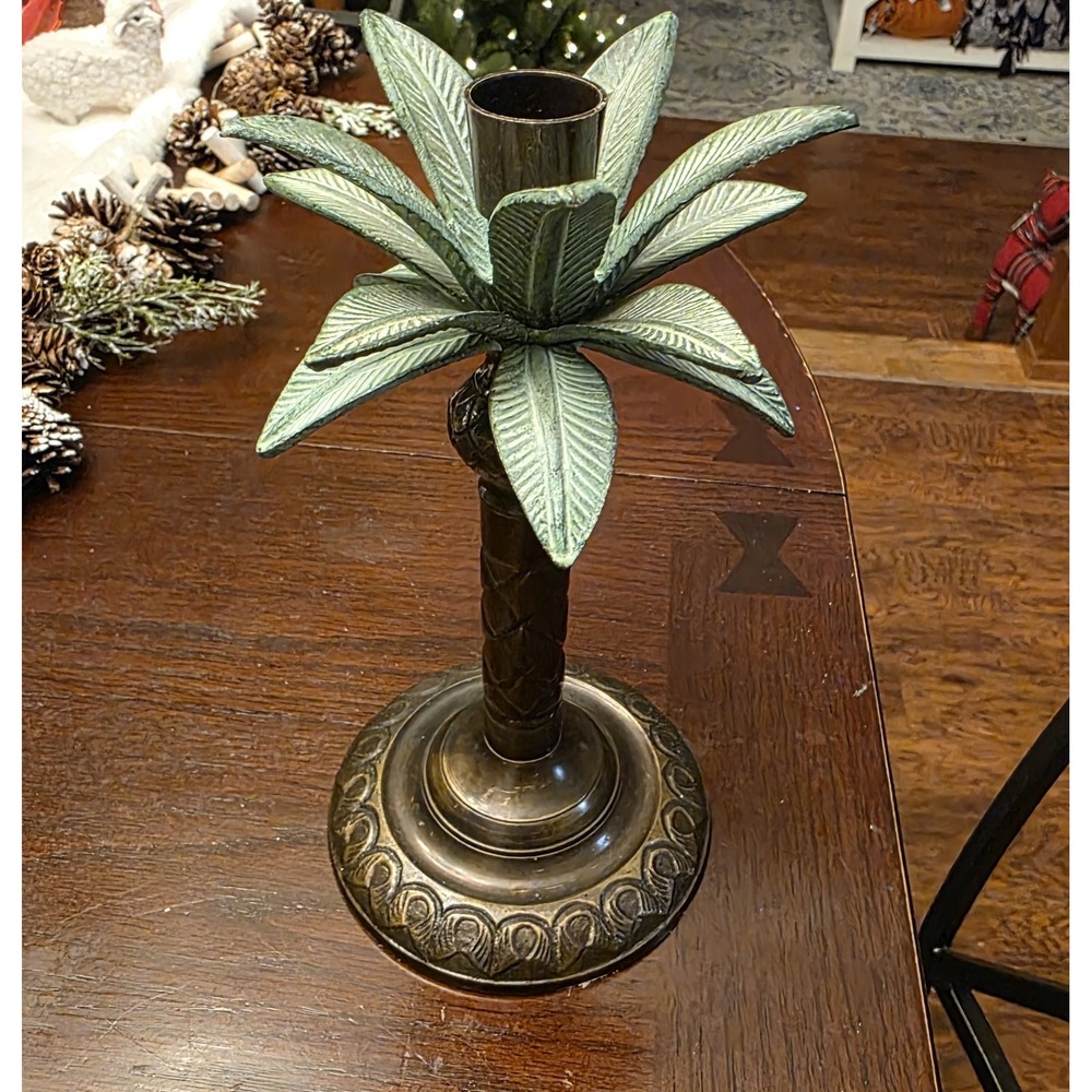Vintage Palm Tree Brass Metal Candlestick Holder, Made in India, 9" Tall - Picture 6 of 6